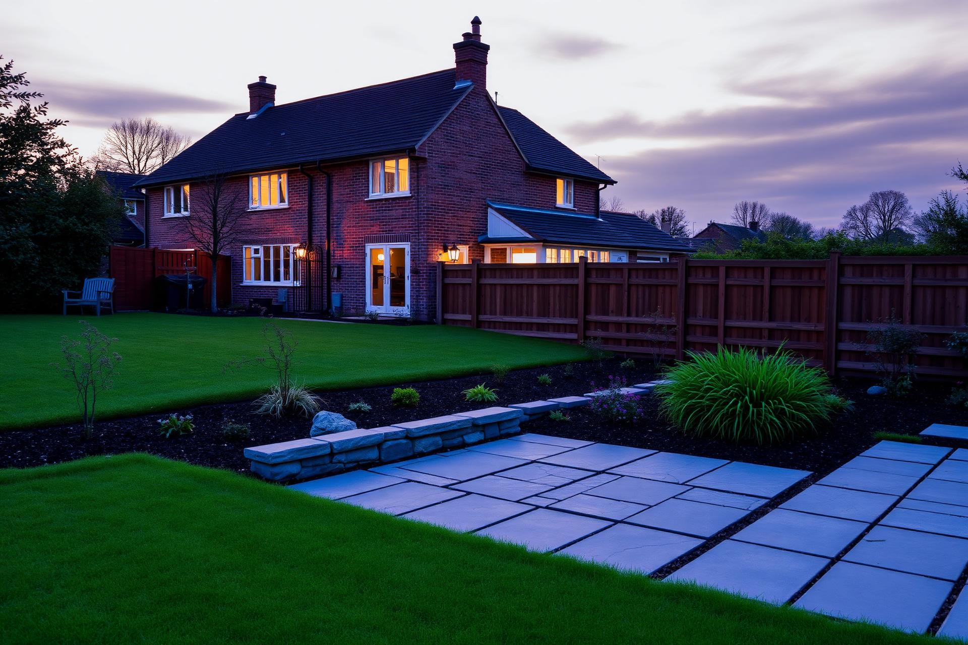A beautifully landscaped English garden at dusk